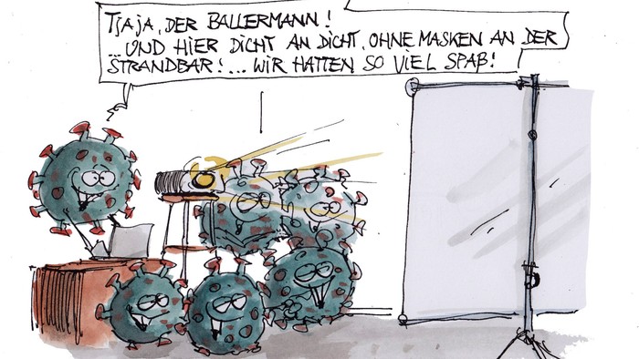 Die Karikatur zeigt Virus-Figuren, die sich über überfüllte Strände ohne Masken während der Pandemie beschweren, beschriftet mit „die besten Wochen des Jahres“.