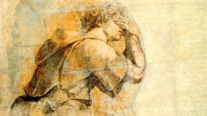 Das Bild zeigt eine skizzenhafte Darstellung eines knienden Mannes.