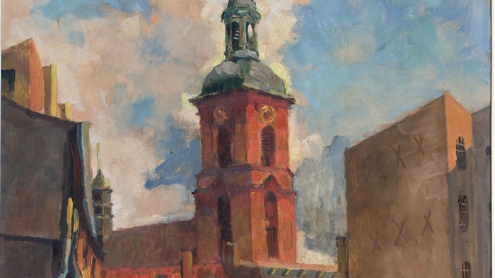 Das Gemälde zeigt eine Stadtansicht mit einer Kirche und alten Gebäuden