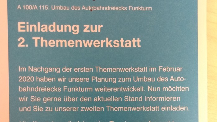 Einladung zum digitalen Workshop zur Neugestaltung des Autobahnkreuzes Funkturm in Berlin.