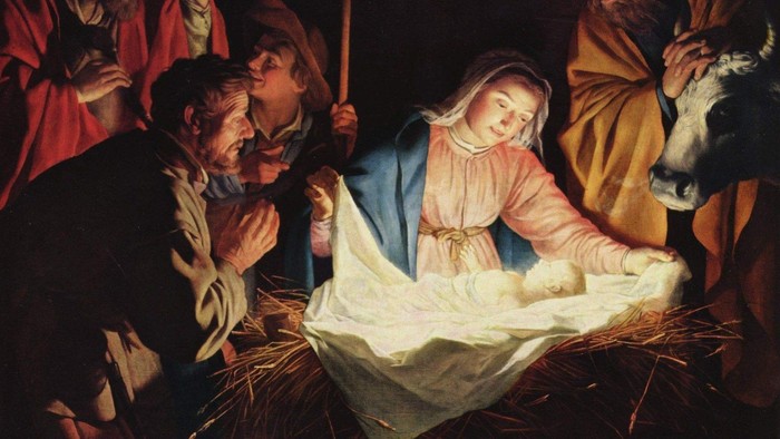 Billedet forestiller en religiøs scene med en kvinde og et barn i en hestestald.