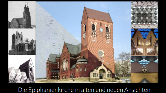 Eine Collage mit historischen und modernen Ansichten der Epiphanie-Kirche aus dem Jahr 2021, einschließlich architektonischer und innerer Perspektiven.