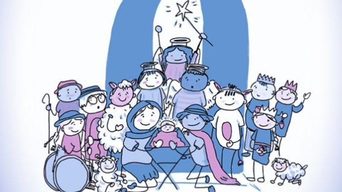 Eine fröhliche Gruppe von Menschen feiert Weihnachten mit einem Baby in einer Krippe.