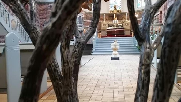 En kirkeinterior med alter og bænke, set fra gennem grene.