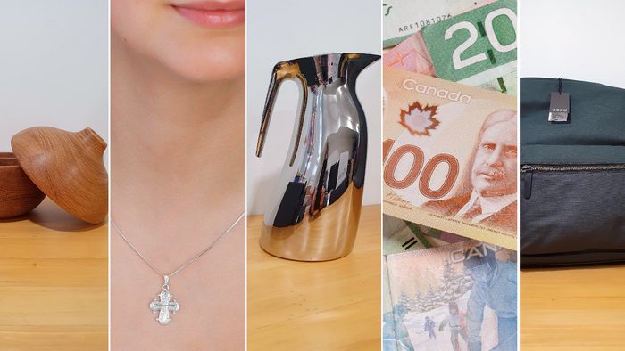 Cross necklace, wooden bowl, thermos, Canadian money, black bag