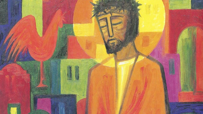 A painting depicts a robed figure with a halo, surrounded by outstretched hands, against a colorful, abstract background.