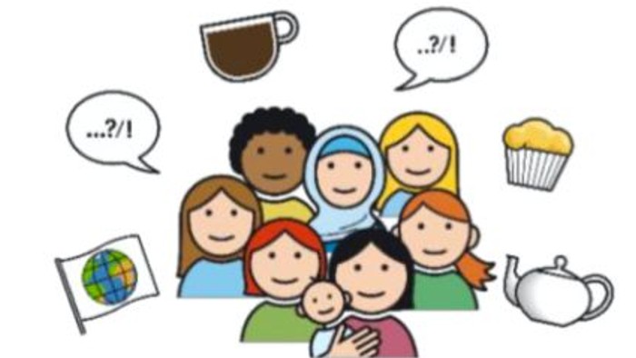 Das Logo des Familienzentrums Monikahaus SkF zeigt eine Familie mit verschiedenen Symbolen und dem Namen des Zentrums.