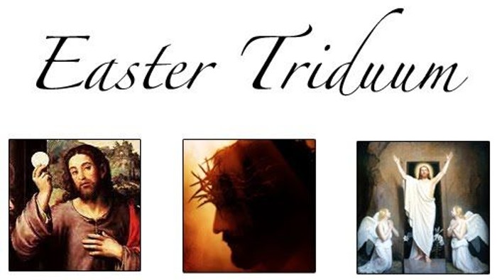 The image depicts three religious scenes related to the Easter Triduum: Jesus praying, the crowning with thorns, and the resurrection.