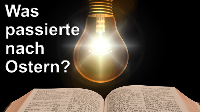 Eine leuchtende Glühbirne über einem offenen Buch fragt, was nach Ostern auf Deutsch passiert ist, und symbolisiert biblische Reflexion.