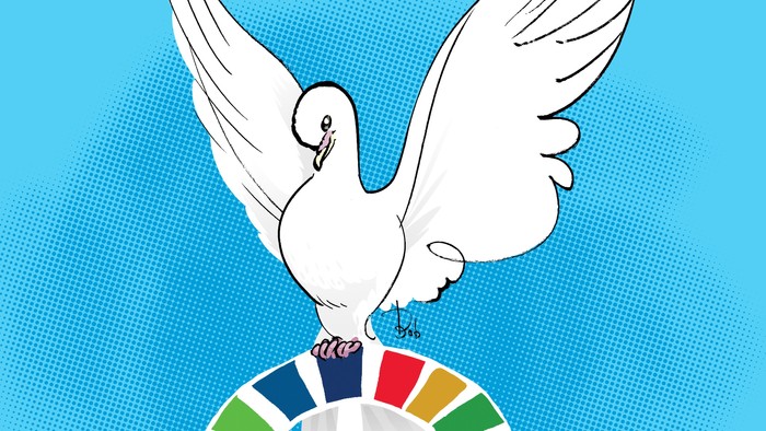 En hvid dunde med udbrede vinger sidder på en farverig fredsikone