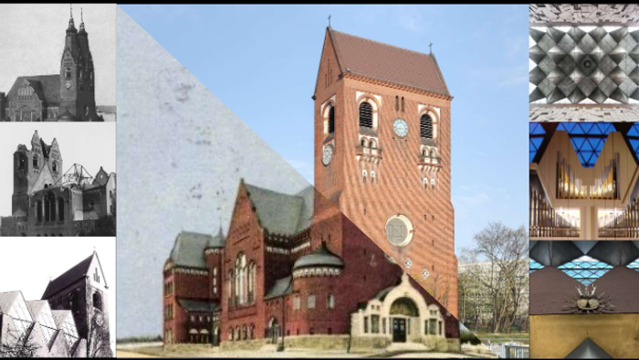 Eine Collage mit historischen und modernen Ansichten der Epiphanie-Kirche aus dem Jahr 2021, einschließlich architektonischer und innerer Perspektiven.