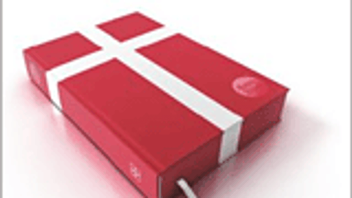Eine 3D-Darstellung einer rot-weißen dänischen Flagge mit Kreuzdesign auf einem schlichten Hintergrund.