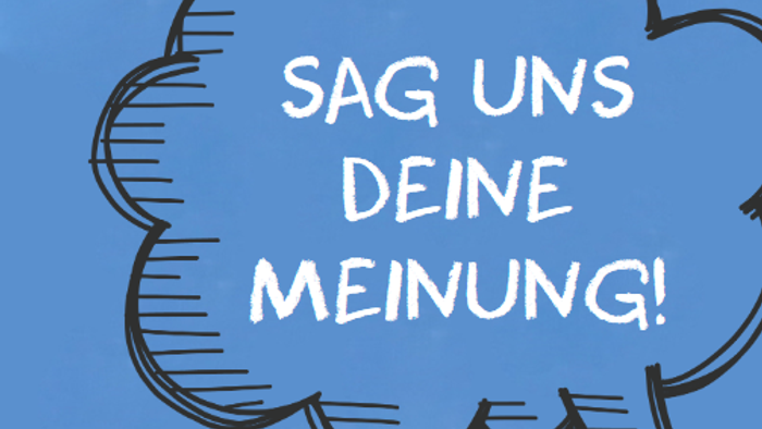 Ein Poster mit blauem Himmel-Motiv, das dazu ermutigt, Meinungen in einer Epiphanien-Umfrage zu teilen.