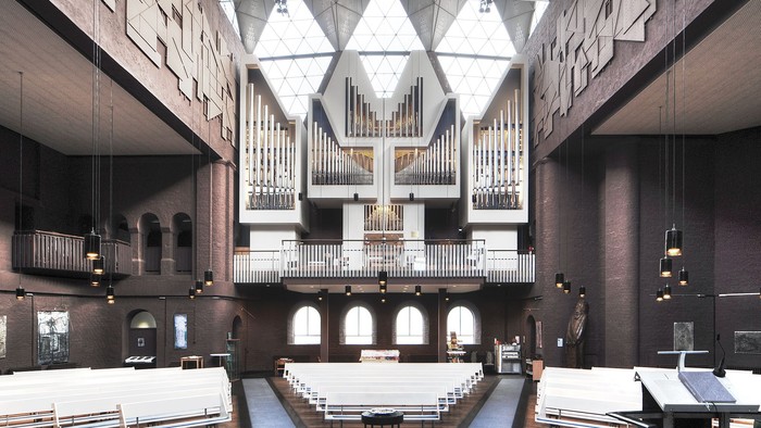 Moderne Kircheninnenraum mit einer großen Pfeifenorgel, geometrischer Decke und minimalistischer Sitzanordnung.