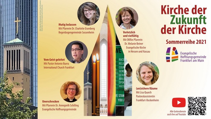 Kirchenführung mit verschiedenen Personen und Gebäuden, Sommerreihe 2021 in Frankfurt am Main