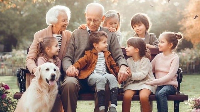 Eine Familie mit Großeltern, Kindern und Hund sitzt auf einer Parkbank.