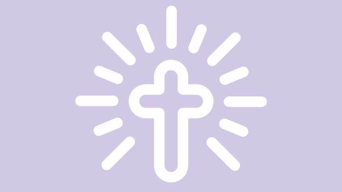 Ein weißes Kreuz mit Strahlen auf lila Hintergrund