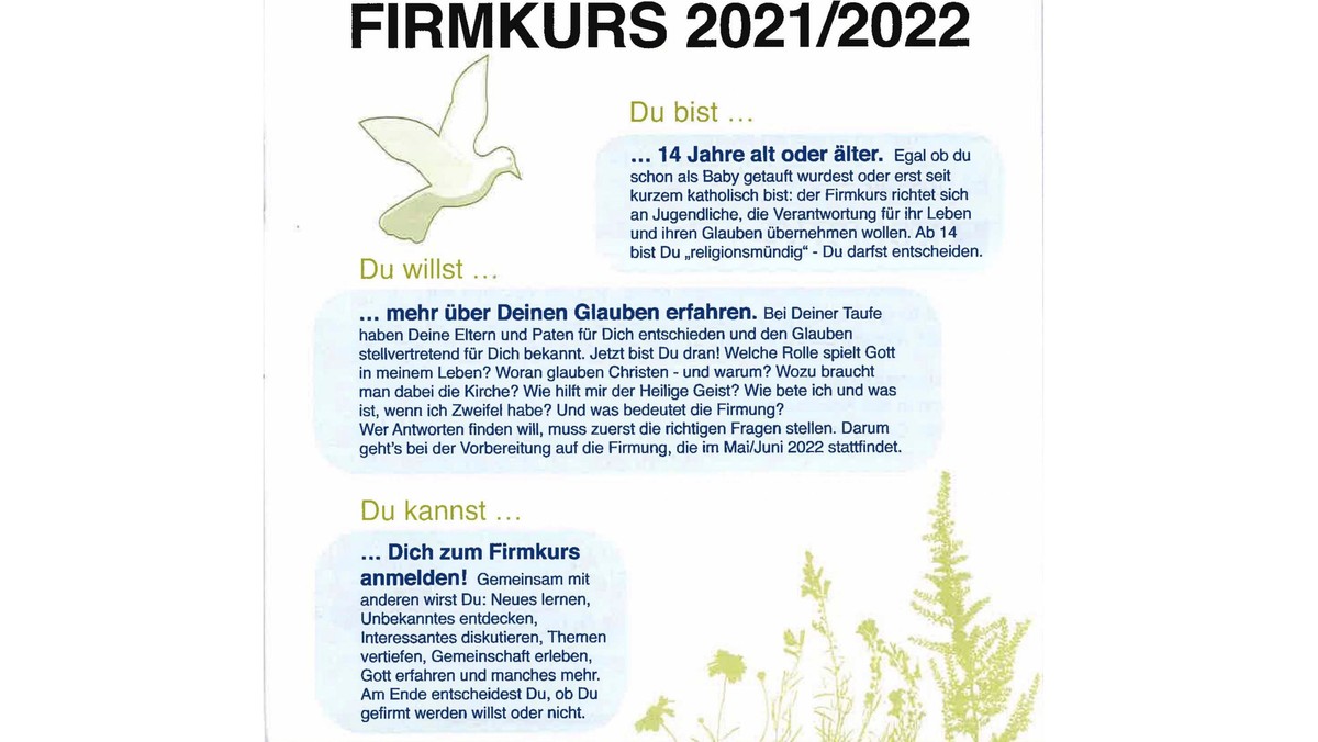 Neuer Firmkurs ab September-Anmeldungen ab sofort möglich