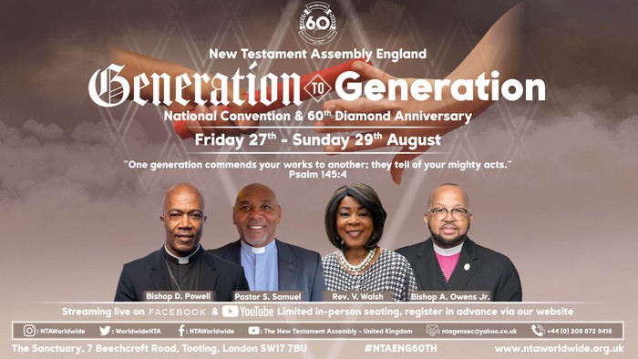 Announcement for New Testament Assembly England's National Convention and 60th Diamond Anniversary, featuring speakers and streaming details