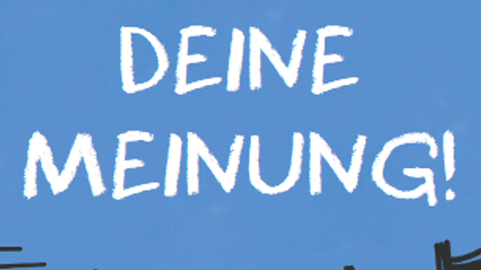 Ein Poster mit blauem Himmel-Motiv, das dazu ermutigt, Meinungen in einer Epiphanien-Umfrage zu teilen.