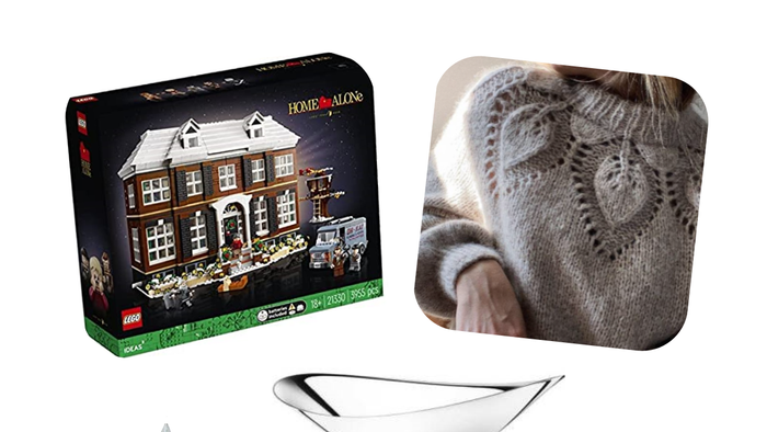 Billeder af LEGO-sæt, uldstøv, glasværk, flaske med hus, farverige bygninger og restaurant