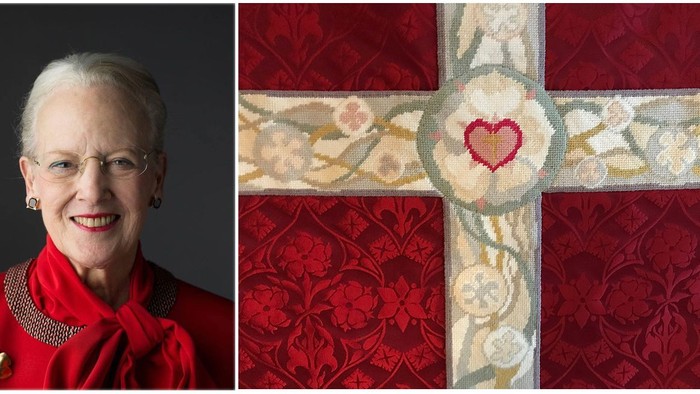 En kvinde i rød klæde og en prægtig rød og gylden broderet korsstykke