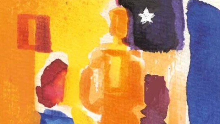 Ein abstraktes Gemälde mit warmen Farbtönen und geometrischen Formen