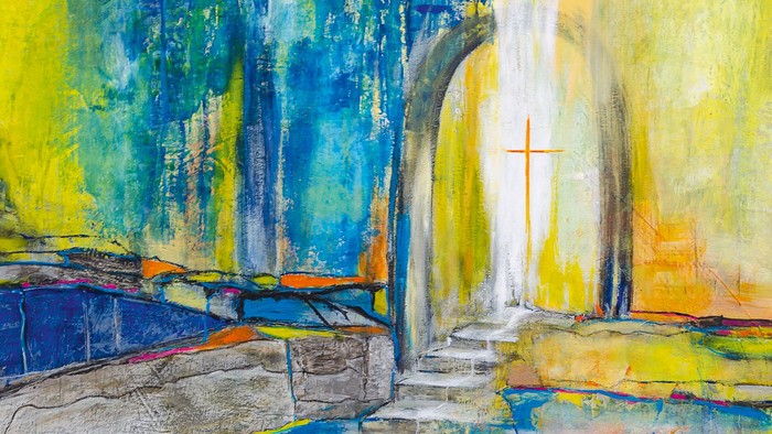 Abstraktes religiöses Kunstwerk, das Jesu einladende Worte mit Booten und einem kreuzbeleuchteten Kircheneingang darstellt.