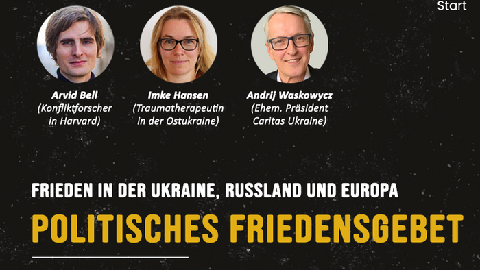 Werbetransparent für eine politische Friedensveranstaltung in der Ukraine, Russland und Europa mit drei Rednern.