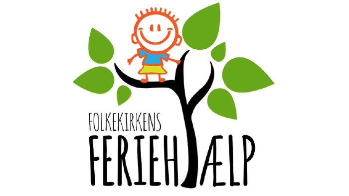 Et glade barn sitter i et træ, logo for Folkekirken Feriehælp