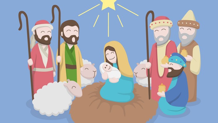 Die Weihnachtskrippe zeigt Maria, Josef und das Baby Jesus mit Hirten und Stern.