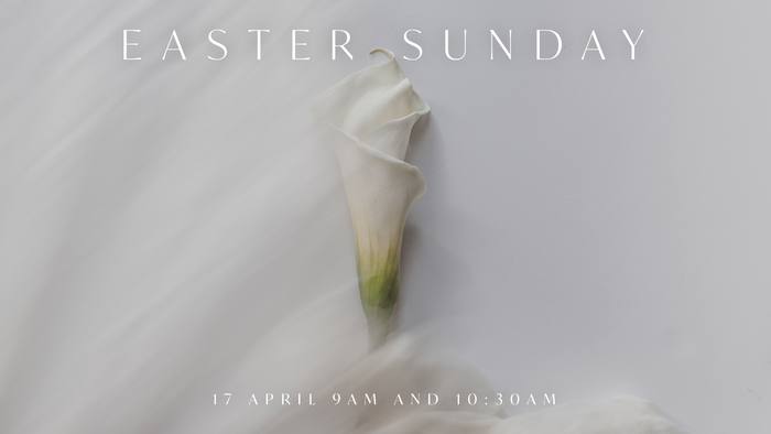 Easter Sunday event with white flower and service times