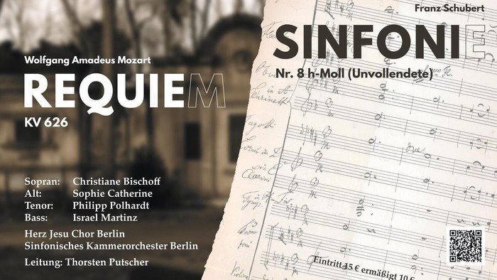Mozarts Requiem und Sinfoni Nr. 8 in Moll, interpretiert von Bischoff, Folladori, Martinez und dem Sinfonieorchester Berlin unter Leitung von Puscher.
