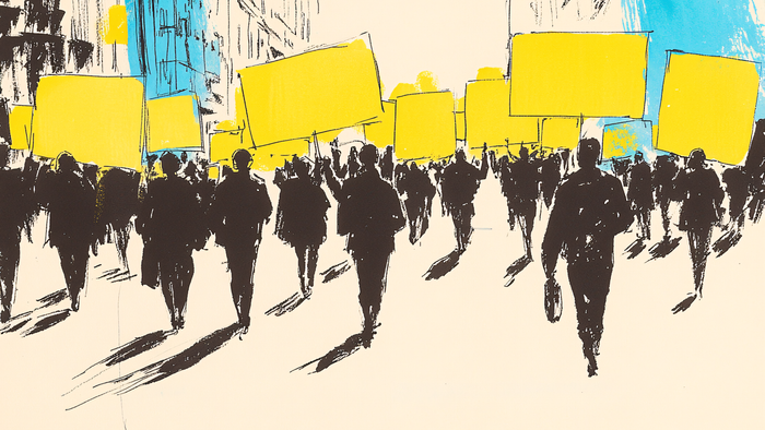 Eine Menschenmenge marschiert mit leuchtend gelben Schildern bei einer städtischen Protestkundgebung, silhouettiert vor einer Stadtkulisse.
