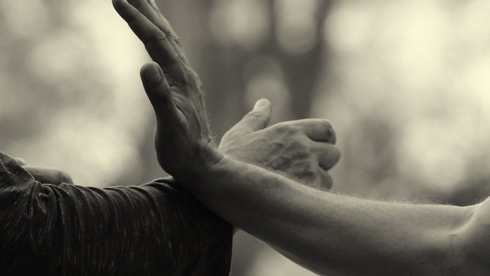 Zwei Hände, die sich in einer Geste der Unterstützung oder Freundschaft umfassen, vor einem unscharfen Naturhintergrund.