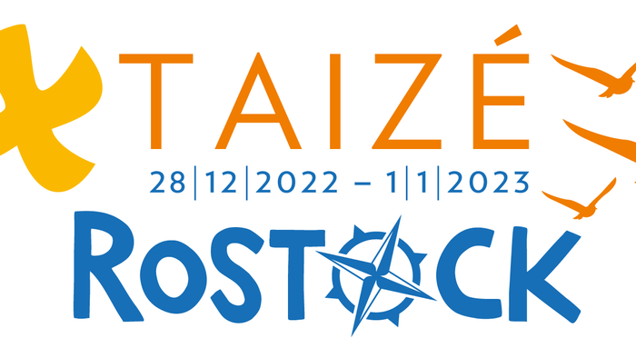 Das Logo zeigt das Festival "Taizé Rostock" mit den Daten 28.12.2022 bis 1.1.2023 und farbenfrohen Vogelmotiven.