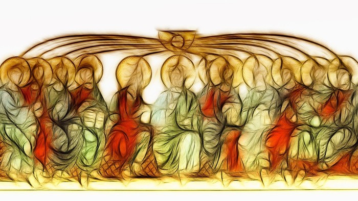 Religious artwork depicts a group of figures in robes, likely representing a biblical scene.