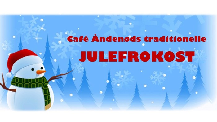 En sneemand med julestøv og skrifter "Café Andenoms traditionelle JULEFROKOST"