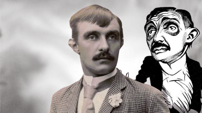 To skikkelser, et rigtigt og et karikaturert, begge med mustache.