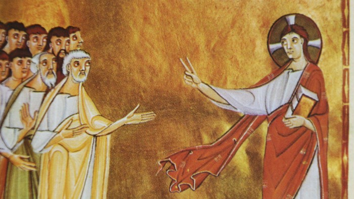 En maleri af en religiøs scene med flere figurer.