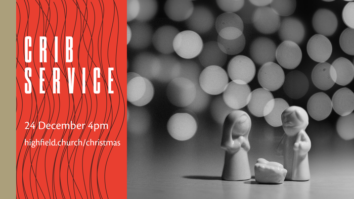 Crib service announcement with nativity scene and date details