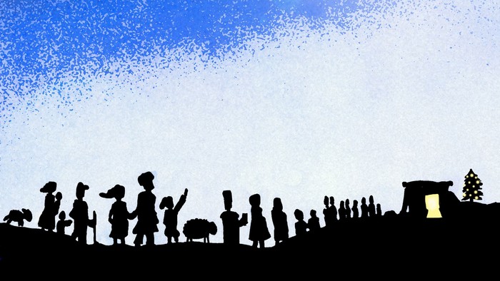 Silhouetten von Menschen vor einem hellen Sonnenuntergang