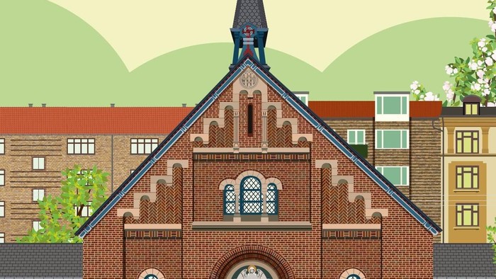 Illustret kirkebygning med spiret og blå dør