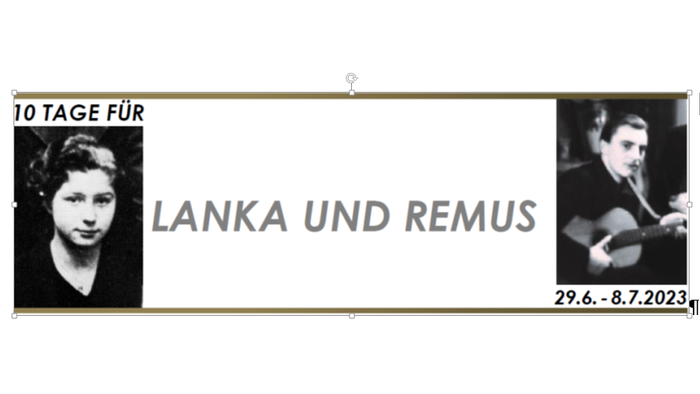 Postkarte mit zwei Fotos und Text "10 Tage für Lanka und Remus" und Datum "29.6.-8.7.2023"