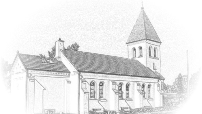 En lille kirke med tårn og tilstøgende bygning.