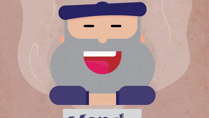 En tegnede mand med beret sidder i en teglæssetåge med teksten "Mande klub".