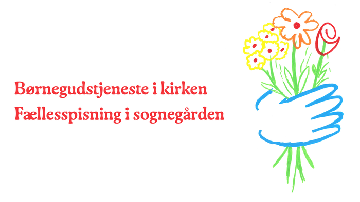 Farverig illustration, der promoverer børnegudstjeneste og fællesskabsmiddag på kirkegården med blomster i hånden.