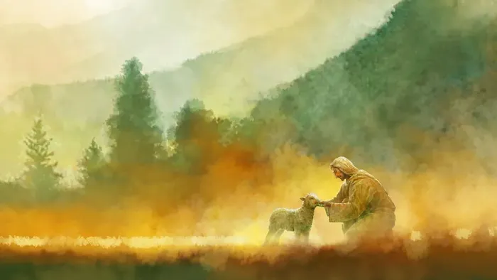 En bonde sitter i en faldet skov med en hund i en skøn naturlandskab.