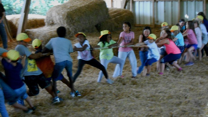 Kinder spielen im Freien mit einem Seil