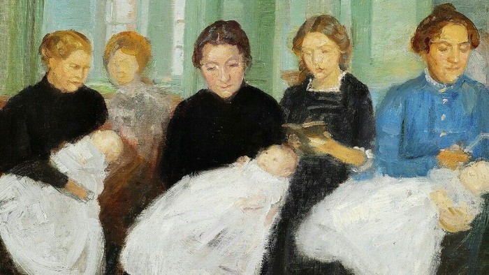 En maleri af fem kvinder, der sidder ved en bord og spiser.